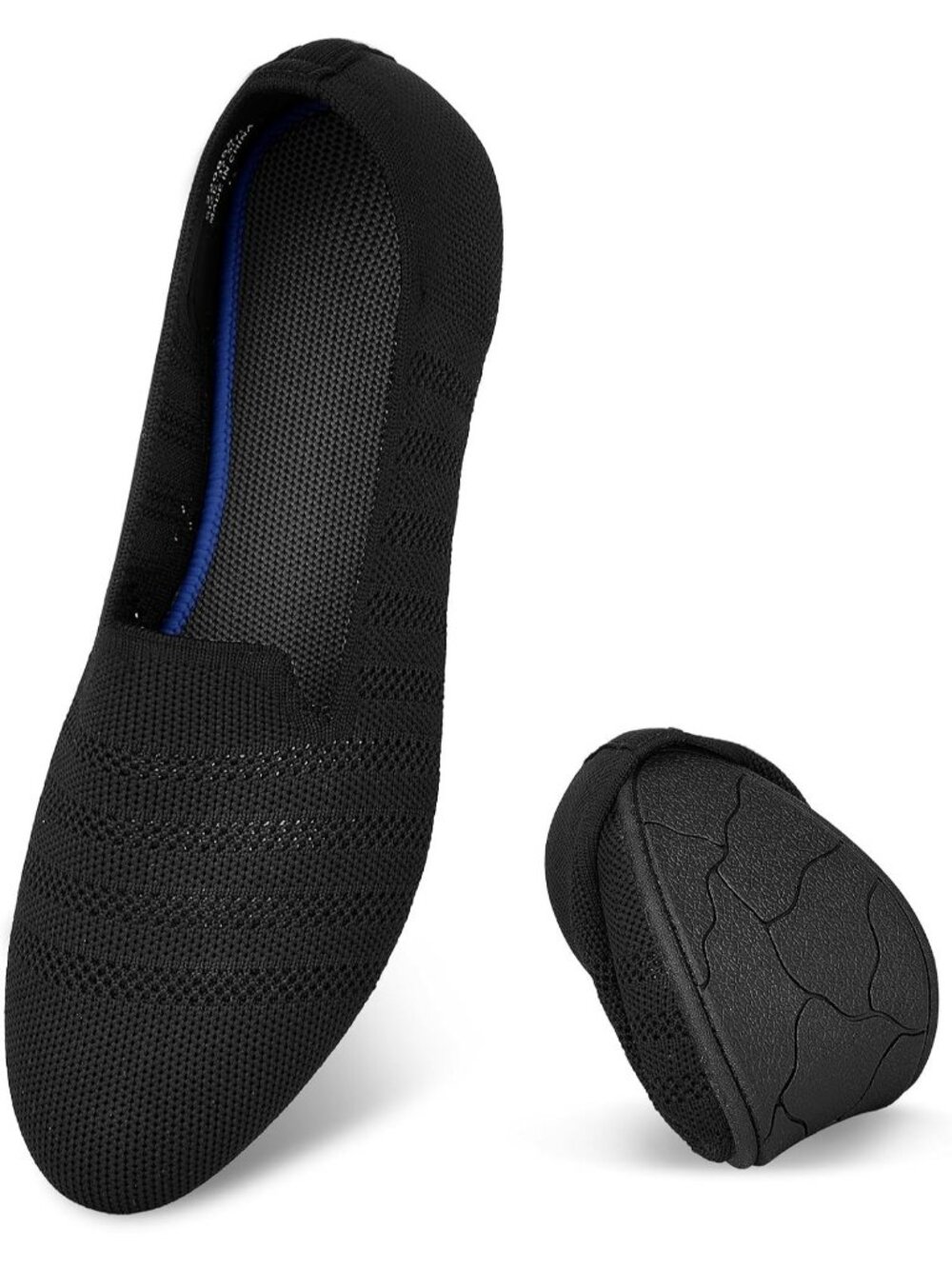 Women's Black Rubber Knit Ballet Flats Arch Support Slip On Foldable Shoes